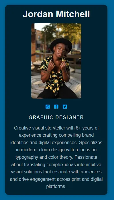 A profile card at small viewport sizes, with all the content stacked.