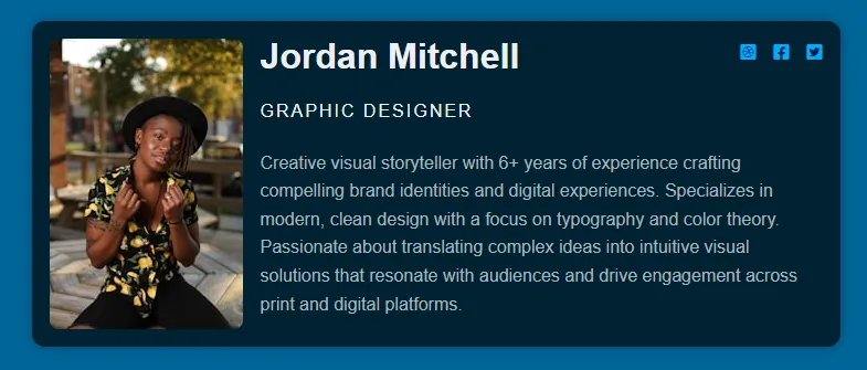 A profile card at large viewport sizes, with the image on the left and the name, position, and description of the person on the right. Social icons have moved to the top right.