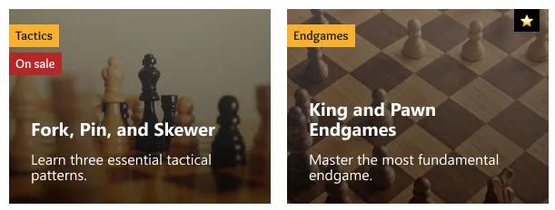 Two course cards. The first with a "sale" tag under the category tag, and a second one with a yellow star on a black background in the top right of the card.