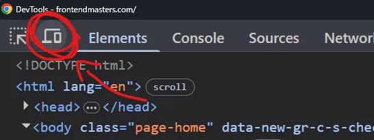 Chrome's DevTools, with a red circle and arrow pointing at the Responsive Mode toggle, which is an icon of a laptop with a phone in front of it