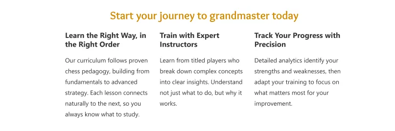 The middle section of the website with a three column grid, one for each block of text